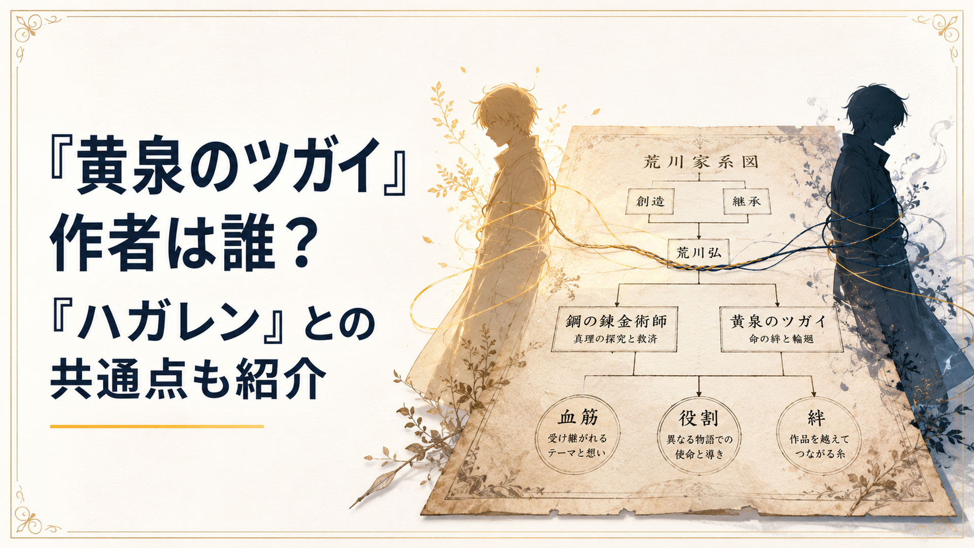 古い家系図の上で光と影の糸が絡まり、荒川弘作品の血筋と役割を象徴する場面