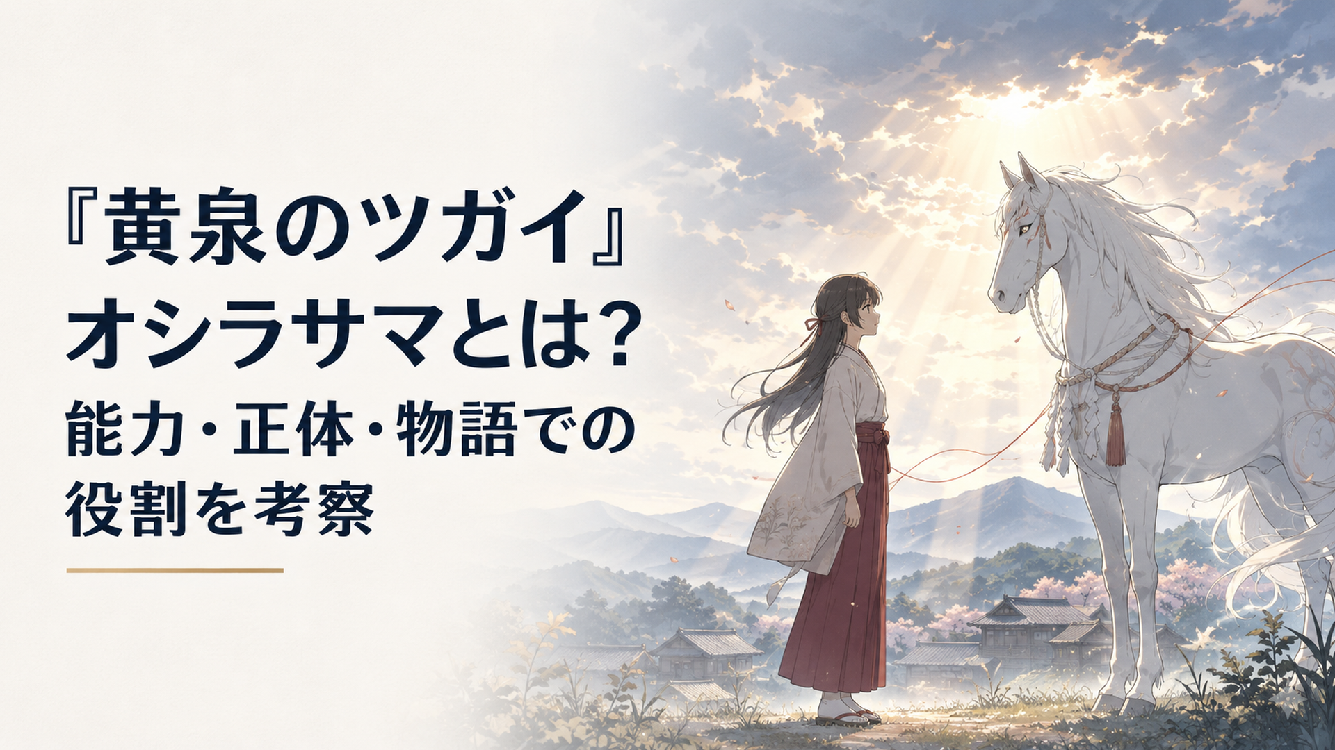 若い女性と白馬のオシラサマが左右様と向かい合い、山村の空に柔らかな光が差す幻想的な場面