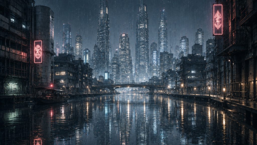 サイバーパンクの巨大都市の夜景と、無数の光るデータストリームが交錯する情報の海を静かに見つめる草薙素子の後ろ姿