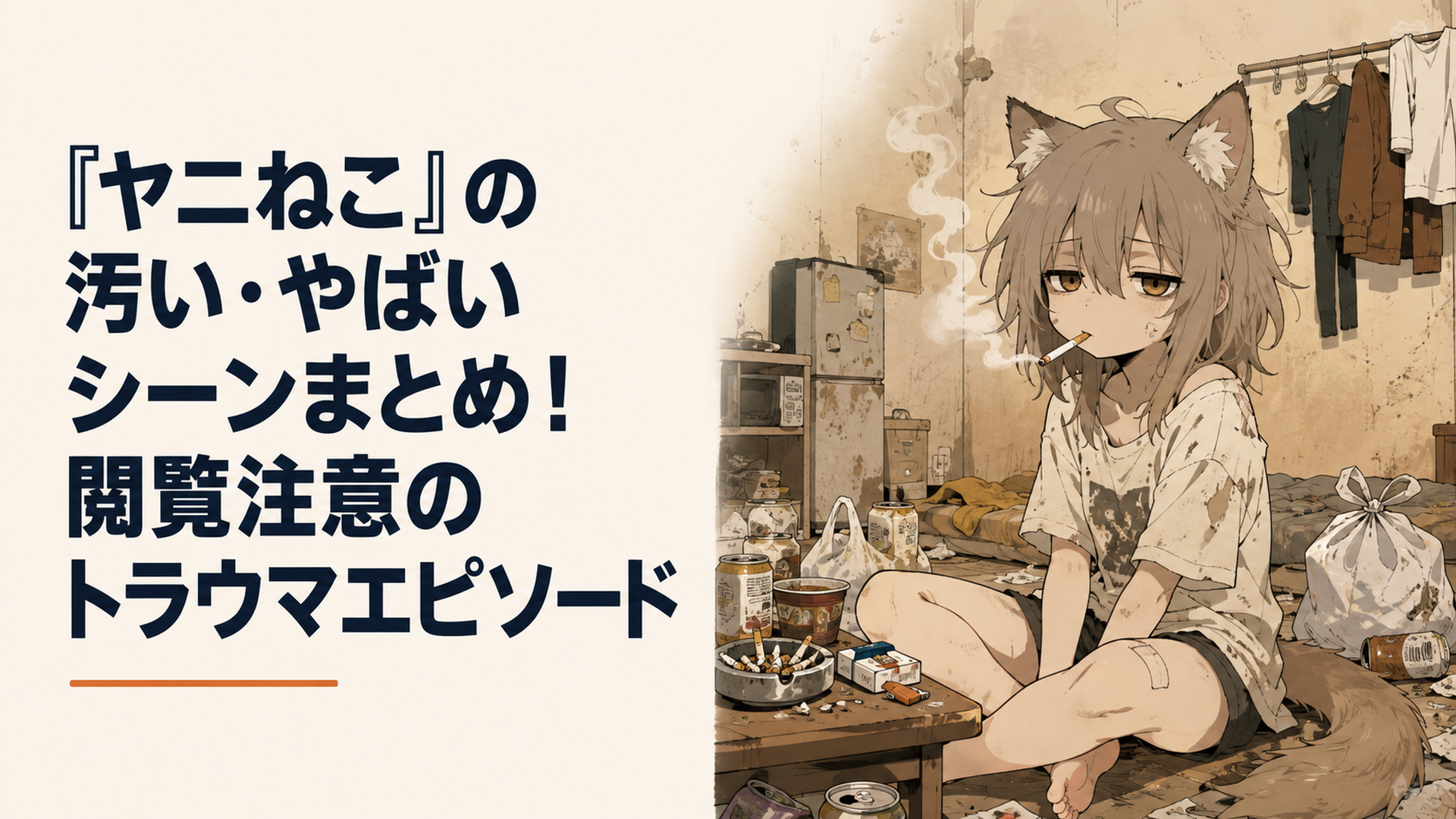 ヤニで黄ばんだ壁とゴミが散乱するアパートの一室で、タバコをくわえる虚ろな目の獣人の少女
