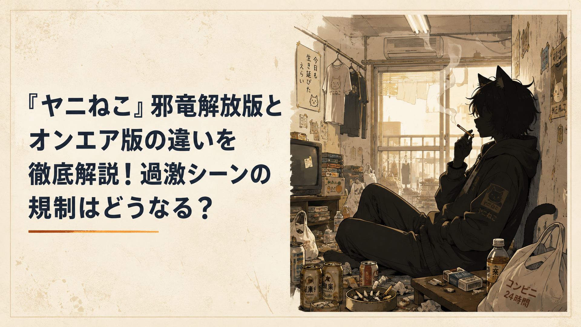 足の踏み場もないほど散らかったアパートの一室で、壁にもたれかかりながら紫煙をくゆらせる猫耳のキャラクターのシルエット